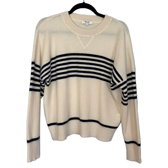 Madewell 100% Cashmere Ivory & Blue Striped Crewneck Sweater - Size XL - Picture 2 of 6
